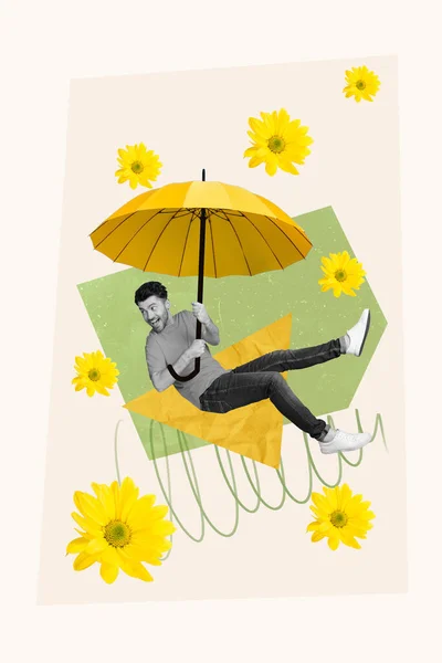 Изображение Коллажа Минимальная Картинка Забавного Парня Летающего Зонтике Цветочный Дождь — стоковое фото