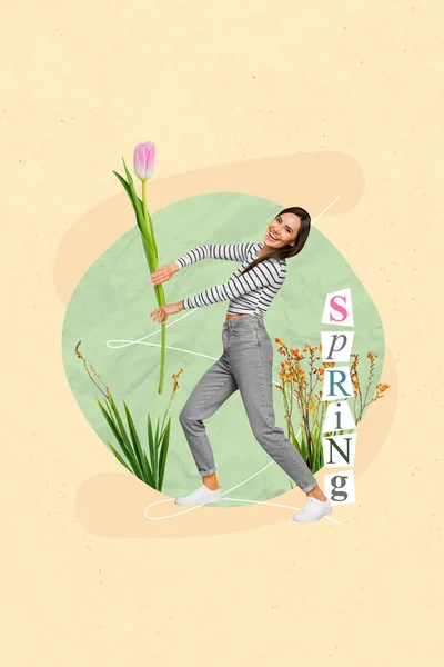 Kreative Magazin Bild Collage Von Lustigen Jungen Dame Wählen Blumenladen — Stockfoto