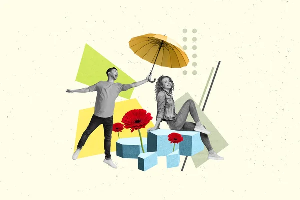 创意横幅海报梦想拼贴年轻疯狂的男人拿着阳伞在女朋友之上庆祝8月8日安全融化的春天天气 — 图库照片