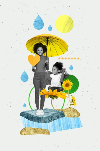 Banner poster picture collage of two people mommy little kid walk under melting spring ice enjoy mother day event.