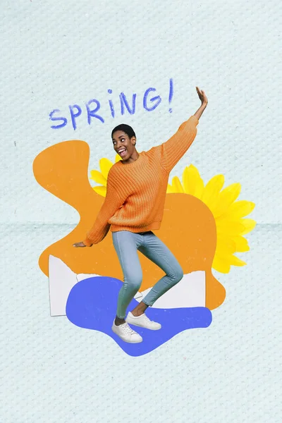 興奮した肯定的な人の垂直コラージュイメージは創造的な背景に隔離された冷たい春の言葉を描く踊りを楽しむ — ストック写真
