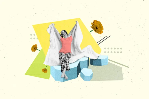 Collage Porträtt Positiva Mini Svart Vit Effekt Flicka Bära Pyjamas — Stockfoto