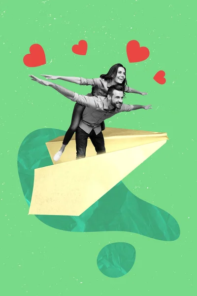 Kreativ Fotokunst Grafik Collage Malerei Von Sorglosen Paar Fliegen Flitterwochen — Stockfoto