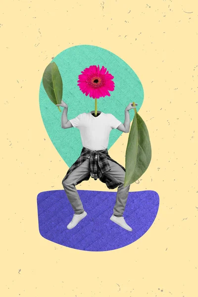Zdjęcie Collage Grafika Minimalny Obraz Funky Zabawny Facet Różowy Gerbera — Zdjęcie stockowe