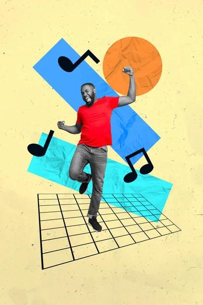 3D复古抽象创作艺术模板拼贴笑容满面快乐的家伙有一个有趣的舞蹈孤立的绘画背景 — 图库照片