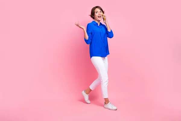 Full Body Length Photo Entrepreneur Girl Wear Blue Shirt White — Zdjęcie stockowe