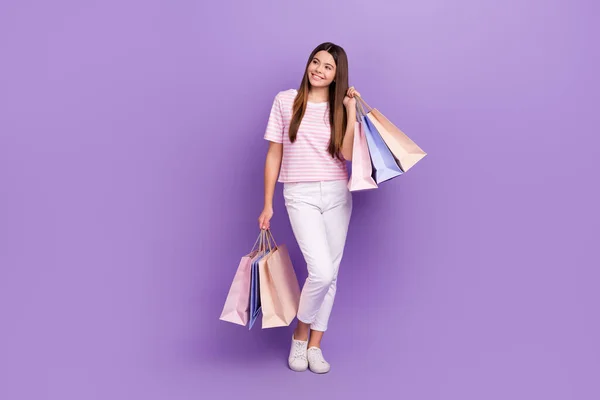 Full Length Portrait Cheerful Nice Girl Hold Store Mall Bags — Stock Photo, Image
