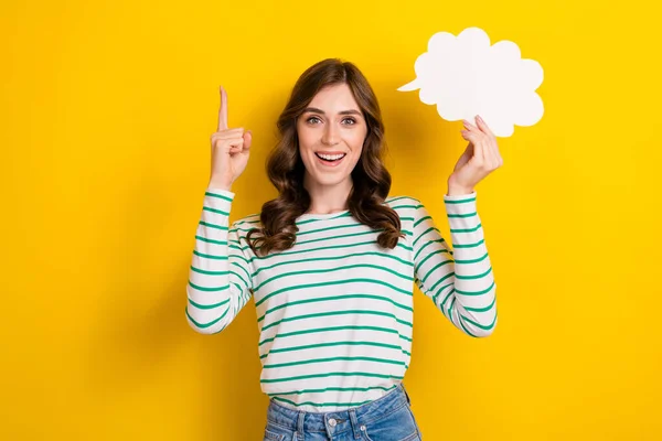 Photo Portrait Attractive Young Woman Point Finger Speech Bubble Wear — Stock Photo, Image