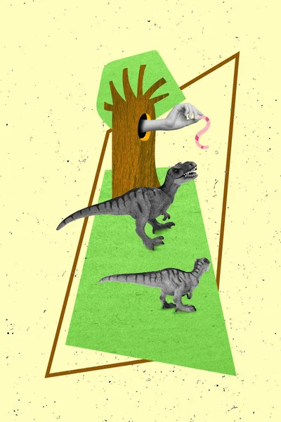 Creatieve Foto Collage Tijdschrift Strips Van Twee Miniatuur Oude Tyrannosaurus — Stockfoto