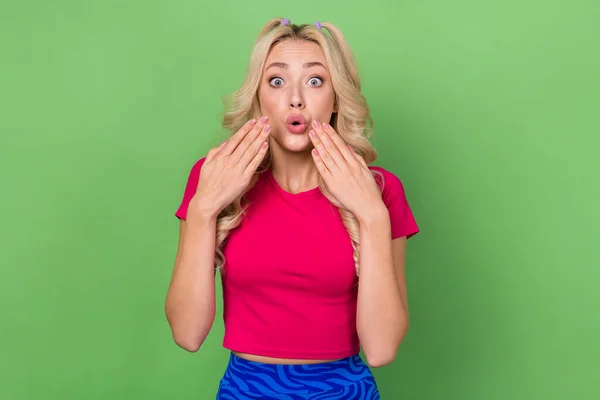 Photo Impressed Funky Woman Wear Pink Top Hands Arms Cheeks — Stock Photo, Image