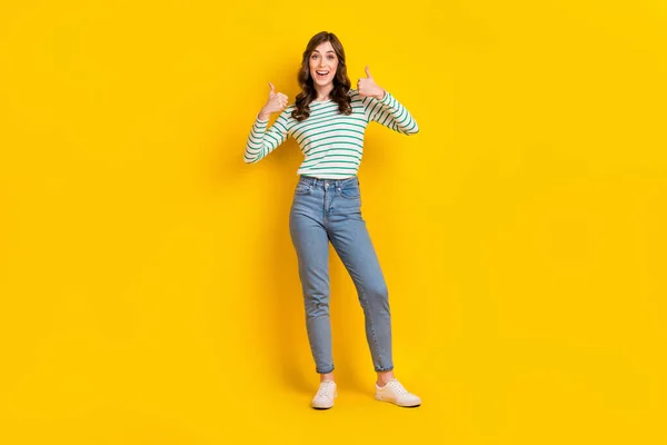 Full Size Photo Impressed Woman Curly Hairstyle Striped Shirt Astonished — Stock Photo, Image