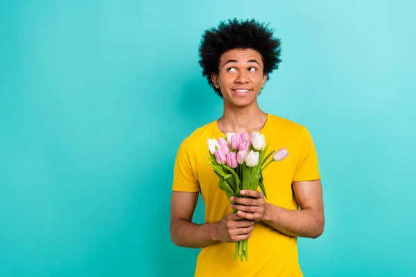 Portrait Handsome Minded Person Hold Fresh Tulips Flowers Look Empty — Stock Photo, Image