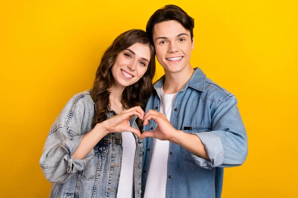 stock image Portrait of two peaceful idyllic partners arms fingers show heart symbol isolated on yellow color background.