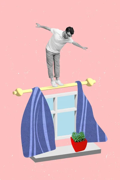 有创意的图片拼贴年轻有趣而兴奋的男子从窗台上摔下来危险的照片新公寓重新安置在粉红色的背景下 — 图库照片