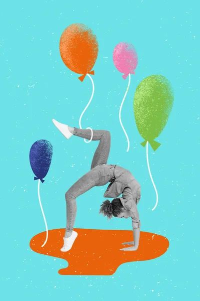 垂直海报最小拼贴模板广告派对开幕活动气球女杂技孤立在青色背景下 — 图库照片