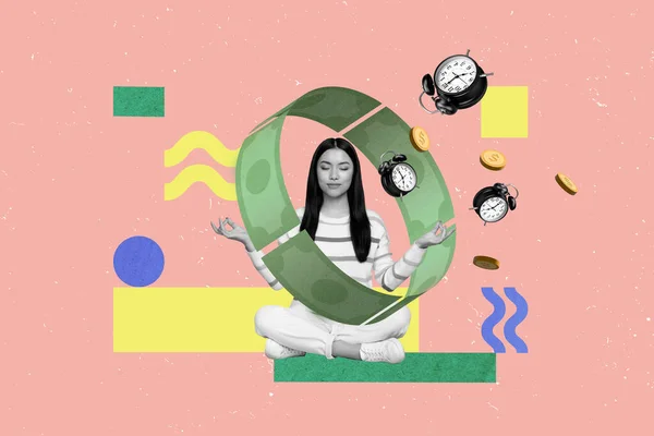 Yaratıcı Kolaj Resmi Mini Siyah Beyaz Renkler Kız Meditasyon Yapıyor — Stok fotoğraf