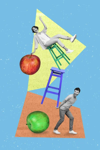 科拉奇3D拼凑流行复古草图形象滑稽时髦夫妇抱着巨大的大苹果孤立的绘画背景 — 图库照片
