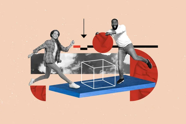 イラストクリエイティブコラージュアートワークカップル同僚一緒に幾何学キューブ滞在プラットフォームは ベージュの背景に隔離された赤丸型を置く — ストック写真