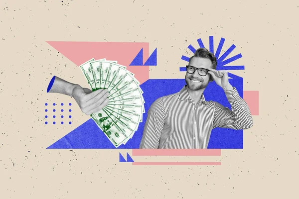 黑白色伽马射线臂持有美元钞票的创造性拼贴图像在绘图背景上使迷你阳性男子孤立起来 — 图库照片