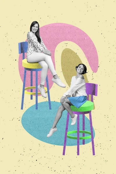 Kreatív Reklám Kép Kollázs Fotó Két Fiatal Lány Legjobb Barátok — Stock Fotó