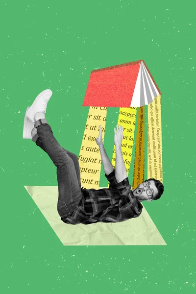 複合創造的な写真コラージュ広告百科事典若い男のパーソナージュ秋の物語の本の文学緑の色の背景に孤立 — ストック写真