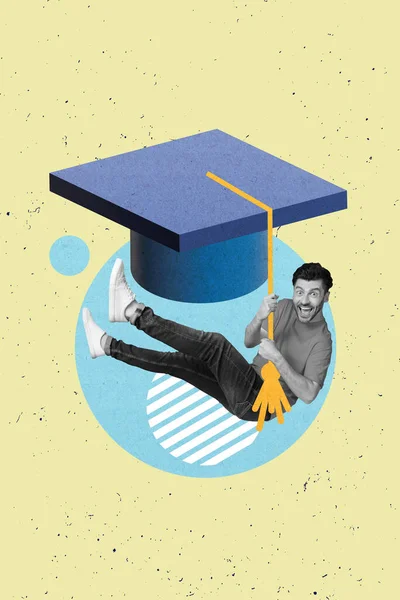 Vertical creative photo collage of cheerful carefree satisfied guy holding on academic cap at graduation isolated on drawing background.