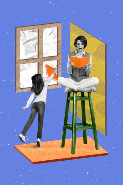Vertical Poster Advertisement School Girl Throwing Window Sitting Chair Teacher — Stock Photo, Image
