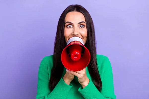 Photo Pretty Funny Woman Wear Green Pullover Shouting Bullhorn Isolated — Stock Photo, Image