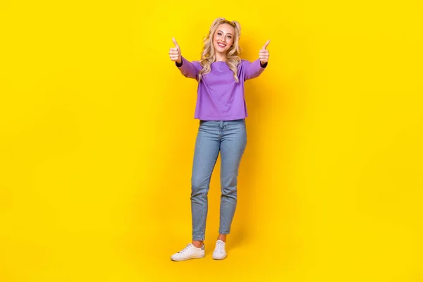 Full Length Photo Lovely Young Lady Hands Shopping Double Thumb — Stock Photo, Image