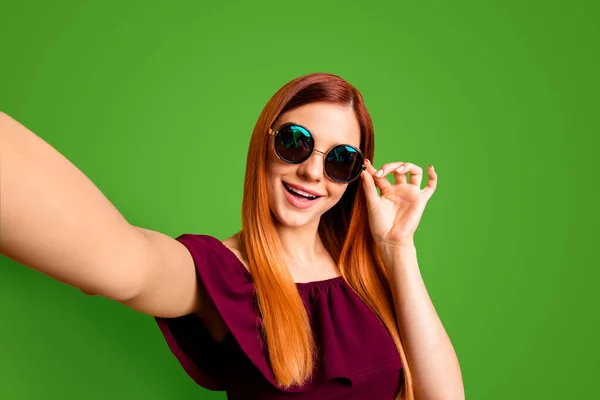Self Portrait Red Straight Haired Attractive Cute Nice Cheerful Young — Stock Photo, Image