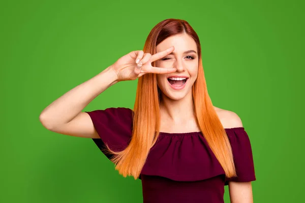Closeup studio shooting photo portrait of chic attractive cute sweet lovely charming rejoicing delightful lady making v-sign near eyes laughing isolated bright background.