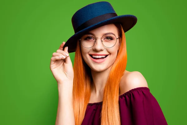 Attractive Girl Holding Her Hat Laughing Look Camera Isolated Yellow — Stock Photo, Image