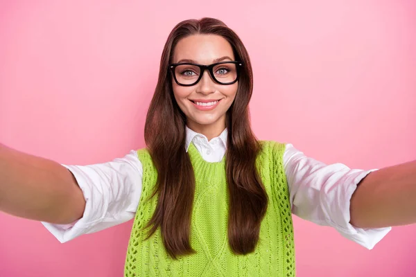 Closeup Selfie Photo Young Positive Smiling Satisfied School Director Woman — Stock Photo, Image