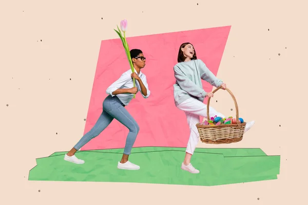 Criativa Anúncio Foto Colagem Primavera Páscoa Feriado Meninas Preparando Balde — Fotografia de Stock