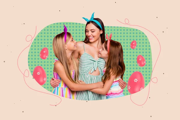 Collage Foto Pasqua Celebrazione Concetto Giovane Madre Abbracciando Sue Figlie — Foto Stock