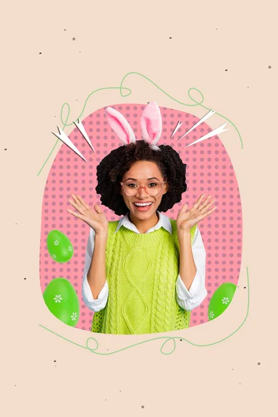 Foto Colagem Cartão Saudação Menina Engraçada Animado Usar Colete Verde — Fotografia de Stock