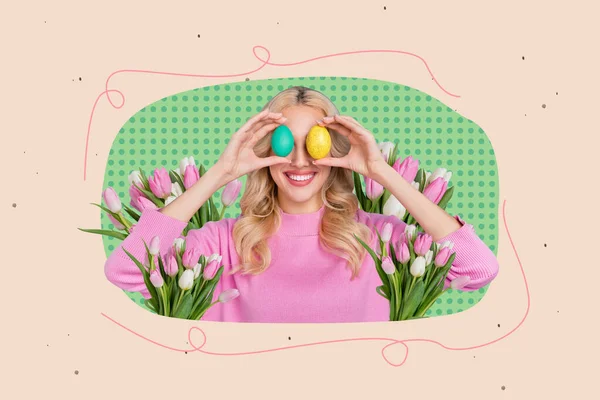 Kreatywna Grafika Minimalna Kolaż Pocztówka Wiosenne Wakacje Świętować Wielkanoc Ukryć — Zdjęcie stockowe
