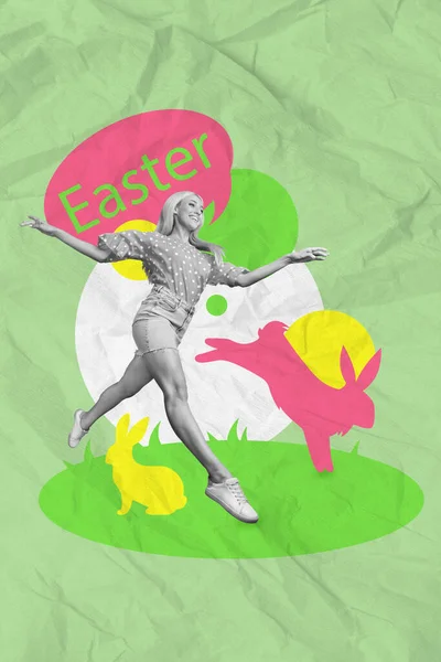 緑の背景に隔離された小さな塗装ウサギ屋外幸せなイースターポストカードを飛び越える若いアクティブな女性の創造的なコラージュ写真 — ストック写真