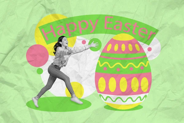 Composite collage picture of excited mini black white gamma girl run hurry catch big painted easter egg isolated on green background.