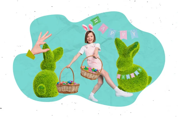 Collage Imagen Funky Positivo Niña Pequeña Celebrar Pascua Comida Huevo —  Fotos de Stock