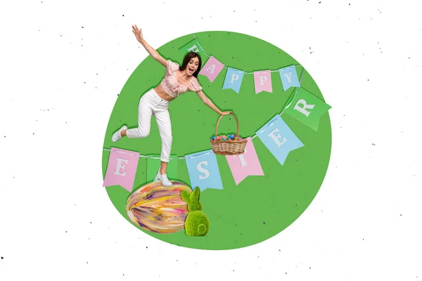 Kreatywne Kolaż Obraz Podekscytowany Zadziwiony Mini Dziewczyna Trzymać Wielkanoc Koszyk — Zdjęcie stockowe
