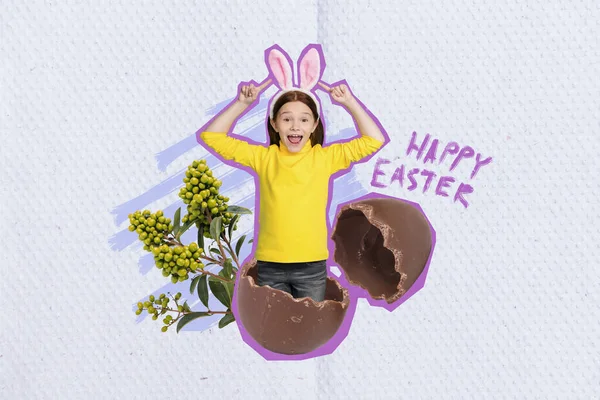 Creative collage photo illustration of cheerful impressed small girl jumped out chocolate easter egg isolated on painting background.