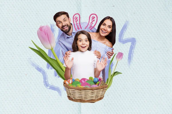 Kreatywny Kolaż Fotografia Ilustracja Pozytywnych Wesołych Ludzi Rodziny Świętujących Wielkanoc — Zdjęcie stockowe