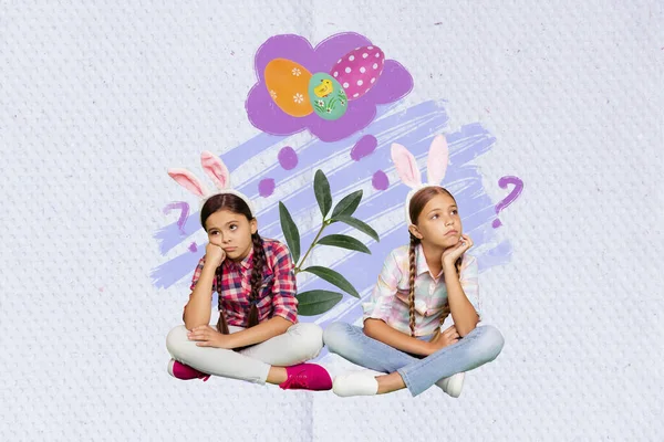 Kreatywny Kolaż Fotografia Ilustracja Dwóch Zdenerwowanych Małych Dziewcząt Czekających Wielkanoc — Zdjęcie stockowe