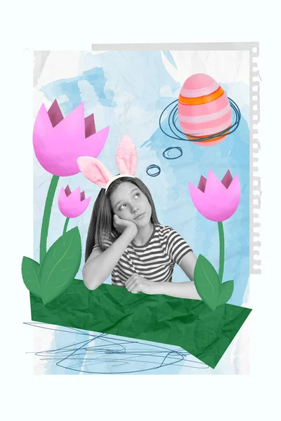 Creative Collage Postcard Little Cute Girl Teenager Wear Headband Bunny — Stock Photo, Image