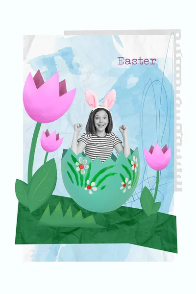 Kreative Postkarte Gratulieren Junge Mädchen Heben Fäuste Verstecken Sich Osterschmuck — Stockfoto
