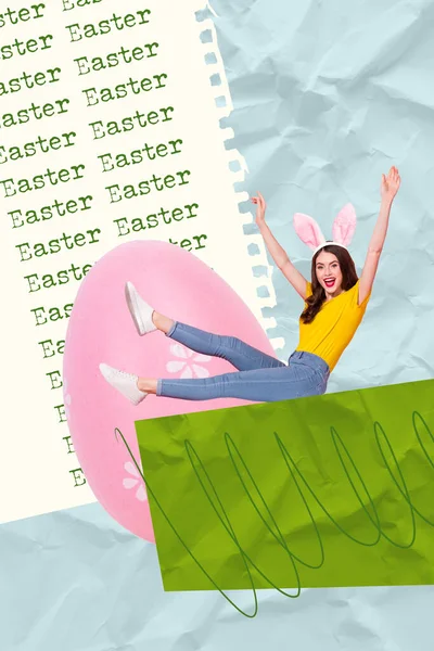 Image Creative Design Happy Easter Postcard Greetings Funky Girl Raise — Stock Photo, Image