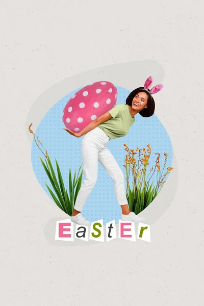 带着巨大的复活节彩蛋的滑稽微笑女士步行的三维抽象创意拼图模板 — 图库照片