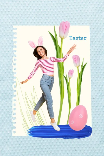 快乐的东方传统庆祝粉色郁金香彩蛋的垂直贺卡照片拼贴设计 — 图库照片