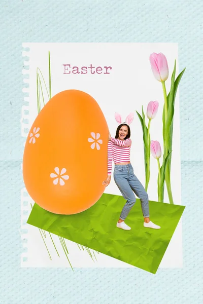 Bild Kreatives Design Collage Glücklich Ostern Postkarte Urlaub Frau Tragen — Stockfoto